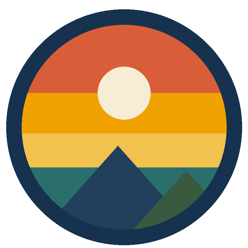 PNG file: flat-color retro sticker with bands of sky, a sun and mountains