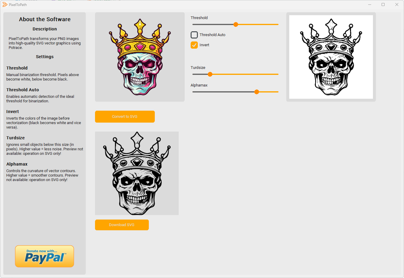 PixelToPath software interface converting an image